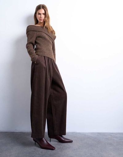 Topshop Topshop corduroy wide leg awkward length pants in brown