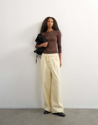 Topshop Topshop corduroy wide leg pull on pants in stone-Neutral