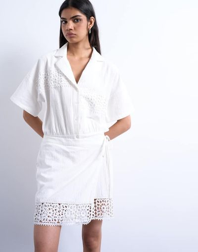 Topshop Topshop cotton crochet wrap skirt shirt dress in white-Brown