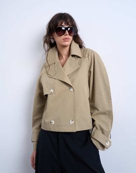 Topshop Topshop cotton ovoid sleeve short trench coat in beige-Neutral