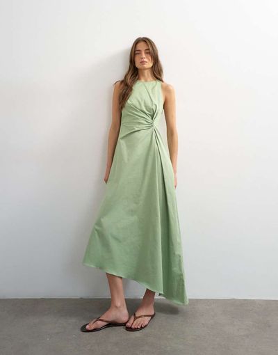 Topshop Topshop cotton twill racer neck maxi dress with tuck side detail in sage green