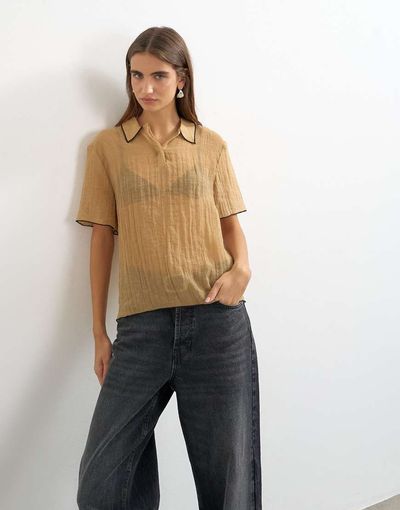 Topshop Topshop crinkle polo shirt with black tipping in mocha-Brown