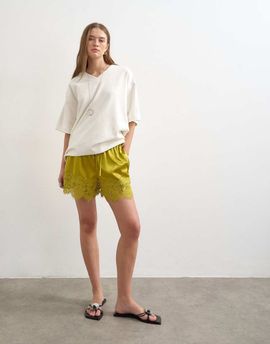 Topshop Topshop crinkle satin a-line mini shorts with lace trim in chartreuse-Yellow
