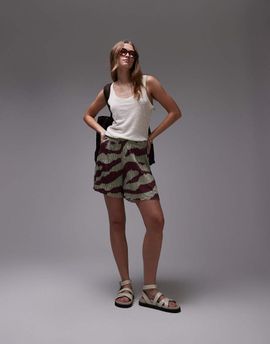 Topshop Topshop crinkle zebra print wide leg shorts in khaki-Green
