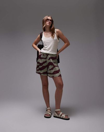 Topshop Topshop crinkle zebra print wide leg shorts in khaki-Green