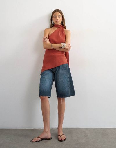 Topshop Topshop cupro halter scarf detail top in rust-Red
