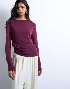 Topshop Topshop cupro long sleeve hitch side detail top in burgundy-Red