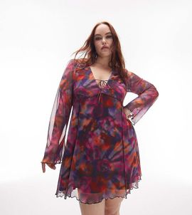 Topshop Topshop Curve lettuce edge mesh mini tea dress in pink rose-Multi