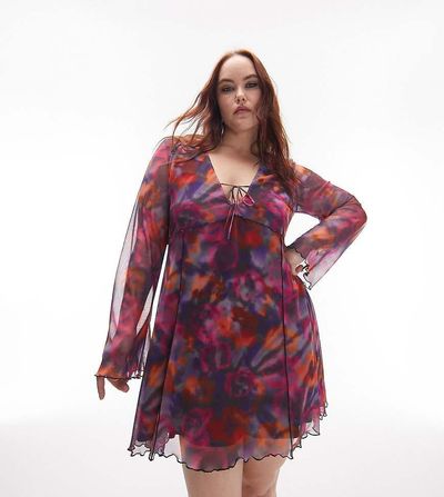 Topshop Topshop Curve lettuce edge mesh mini tea dress in pink rose-Multi