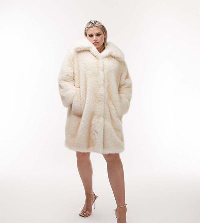 Topshop Topshop Curve oversized faux fur coat in cream-White