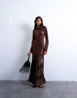 Topshop Topshop cutwork lace insert long sleeve maxi dress in chocolate-Brown