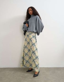 Topshop Topshop deep waistband full circle maxi skirt in check print-NEUTRAL