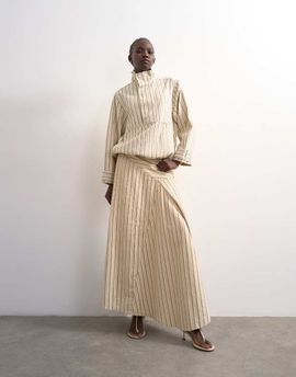 Topshop Topshop denim asymmetric dropped waist maxi skirt in ecru stripes-Multi