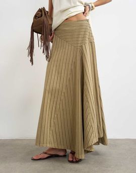 Topshop Topshop denim asymmetric dropped waist maxi skirt in khaki stripes-Multi