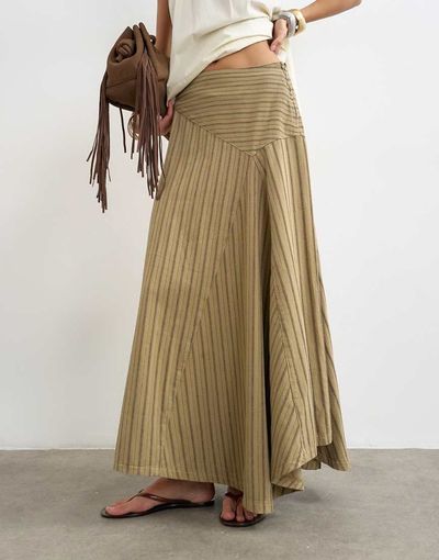 Topshop Topshop denim asymmetric dropped waist maxi skirt in khaki stripes-Multi