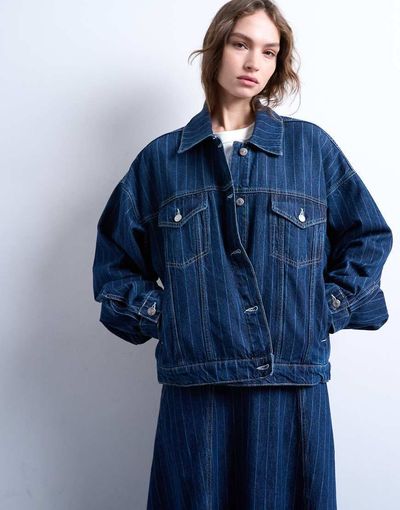 Topshop Topshop denim balloon sleeves jacket in indigo stripes-Blue