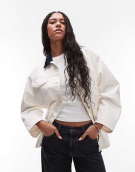 Topshop Topshop denim barn jacket with contrast collar in ecru-White