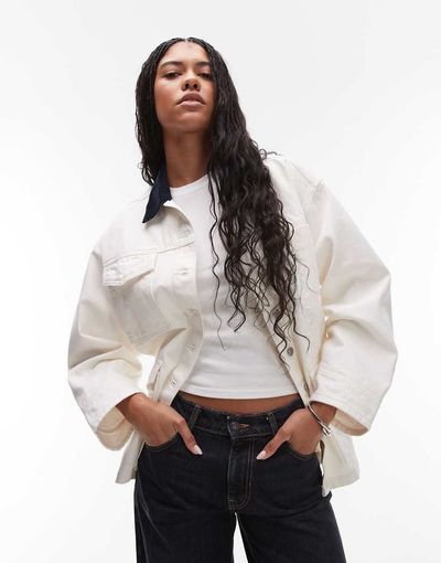 Topshop Topshop denim barn jacket with contrast collar in ecru-White