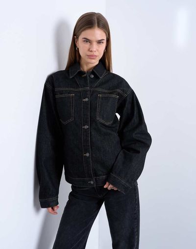 Topshop Topshop denim cinch detail shacket in black ecru-Multi