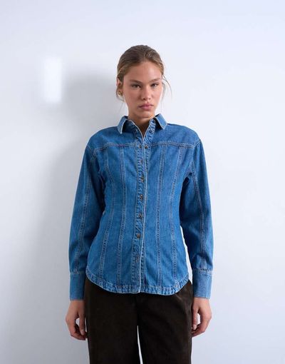 Topshop Topshop denim cinched shirt with seam detail in mid blue