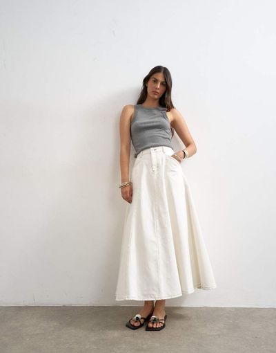 Topshop Topshop denim circle seamed maxi skirt in bone-White