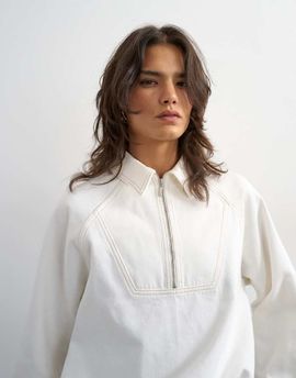 Topshop Topshop Denim collared quarter zip blouson jacket in bone-White