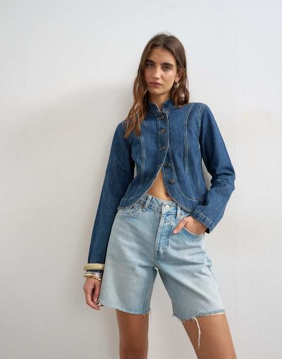 Topshop Topshop denim distressed Editor shorts in bleach-Blue