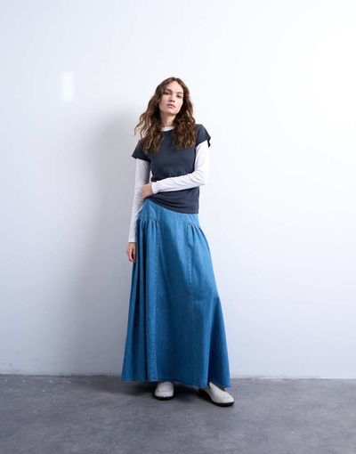 Topshop Topshop denim dropped waist maxi skirt in blue