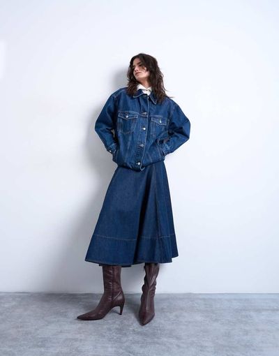 Topshop Topshop denim dropped waist seamed midi skirt in rinse-Blue