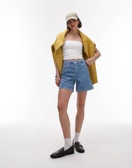 Topshop Topshop denim Editor shorts in bleach stripe-Blue