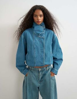Topshop Topshop denim elastic waistband bomber jacket in mid green cast-Blue