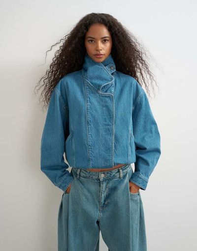 Topshop Topshop denim elastic waistband bomber jacket in mid green cast-Blue