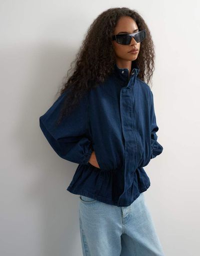 Topshop Topshop denim elasticated waist funnel sporty track jacket in indigo-Blue