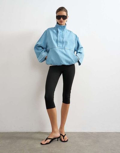 Topshop Topshop denim funnel neck bubble hem top in bleach-Blue