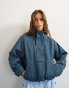 Topshop Topshop denim funnel neck bubble hem top in sulphur blue
