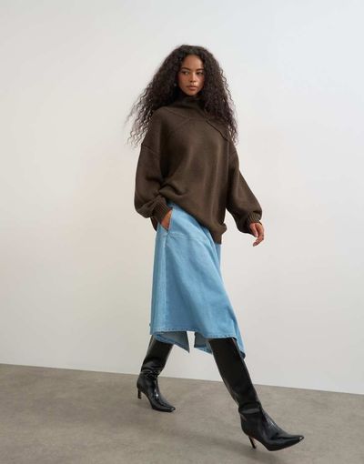 Topshop Topshop denim hanky hem midi skirt in bleach-NEUTRAL