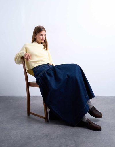 Topshop Topshop denim maxi skirt with gathered yoke detail in rich blue