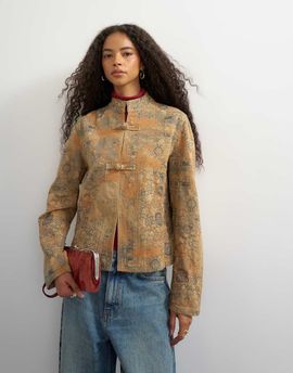 Topshop Topshop denim printed jacquard jacket in multi