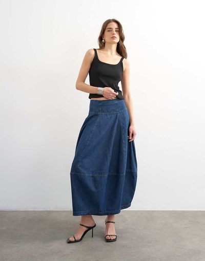 Topshop Topshop denim seamed barrel cut maxi skirt in rich blue