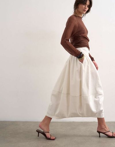 Topshop Topshop denim seamed barrel maxi skirt in bone-White