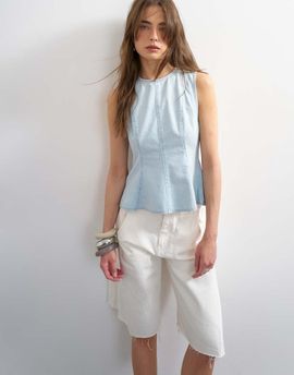 Topshop Topshop denim seamed peplum top in bleach-Blue