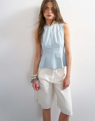Topshop Topshop denim seamed peplum top in bleach-Blue