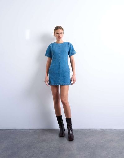 Topshop Topshop denim short sleeved structured mini dress in mid blue