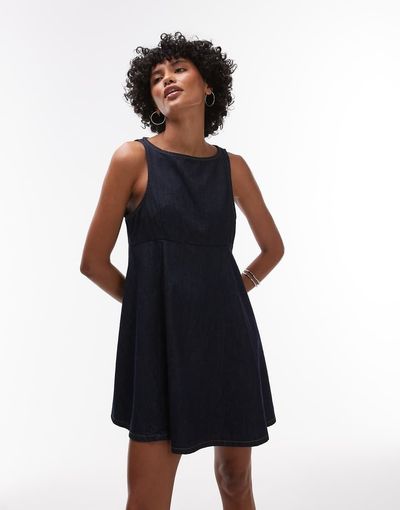Topshop Topshop denim slash neck flippy mini dress in rinse wash-Blue