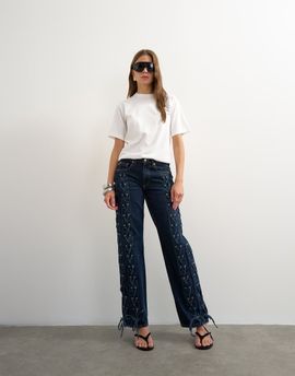Topshop Topshop denim straight leg jeans with extreme lace-up in deep blue-No color
