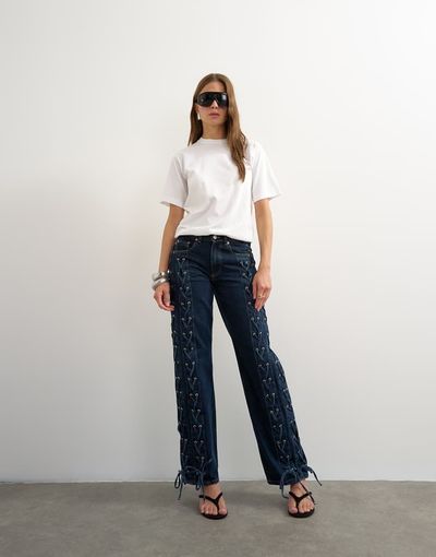 Topshop Topshop denim straight leg jeans with extreme lace-up in deep blue-No color