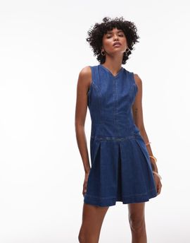 Topshop Topshop denim v neck box pleated mini dress in mid blue