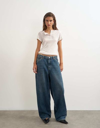 Topshop Topshop Dillan baggy dad low rise jeans in dirty blue-Brown