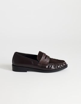 Topshop Topshop Dominic ruched loafers in chocolate hair-on-real leather-Brown