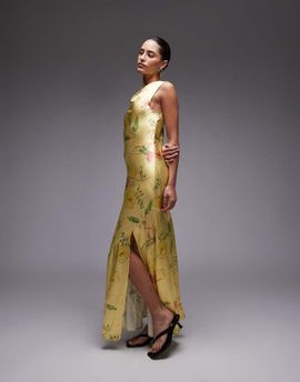 Topshop Topshop drape neck maxi dress in lime based floral-Green